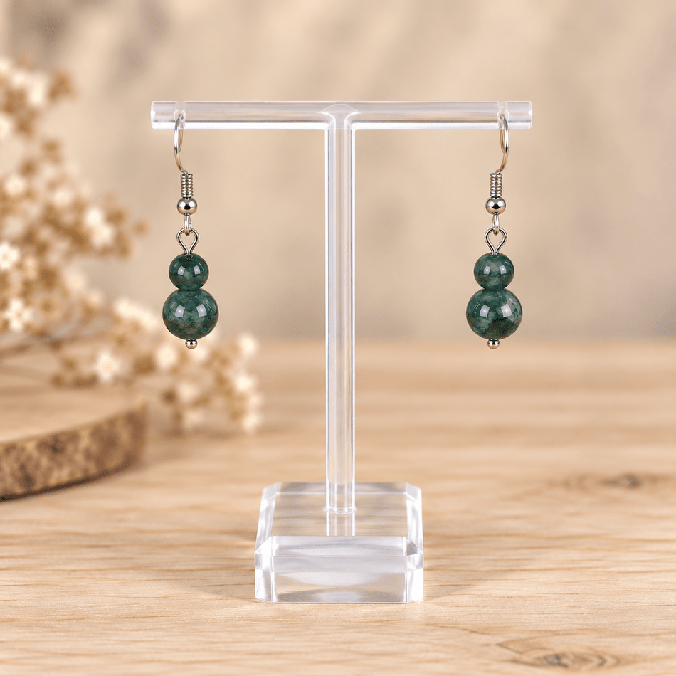 Boucles d'oreilles deux boules Agate Mousse A - Nature Minérale