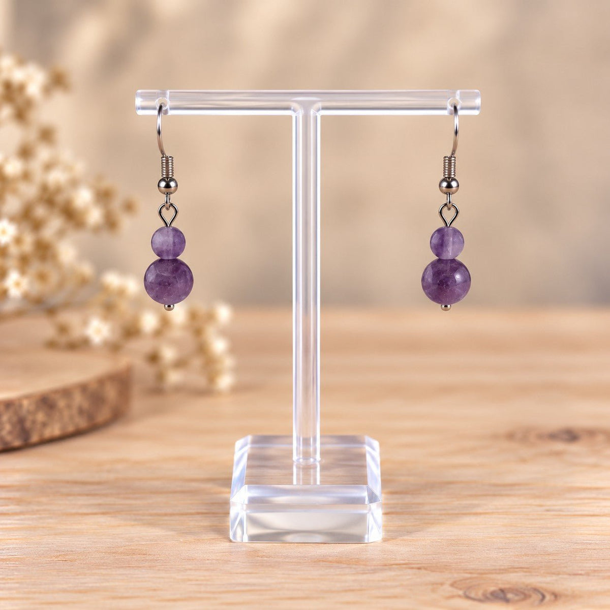 Boucles d'oreilles deux boules améthyste - Nature Minérale