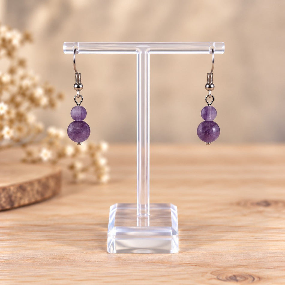 Boucles d'oreilles deux boules améthyste - Nature Minérale