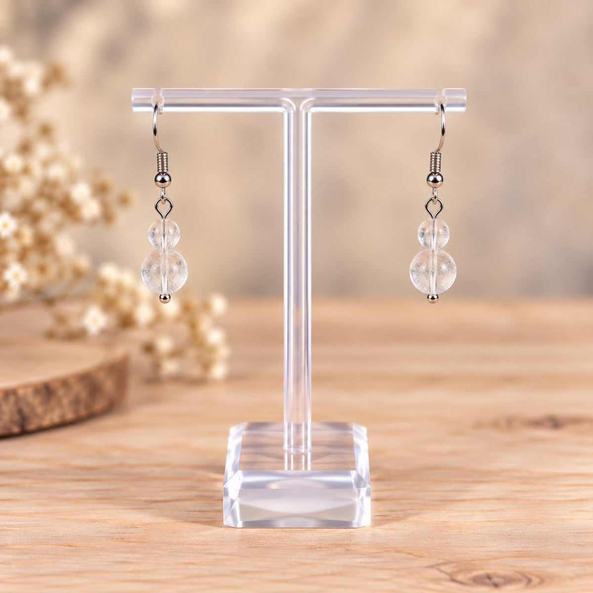 Boucles d'oreilles deux boules Cristal de Roche - Nature Minérale