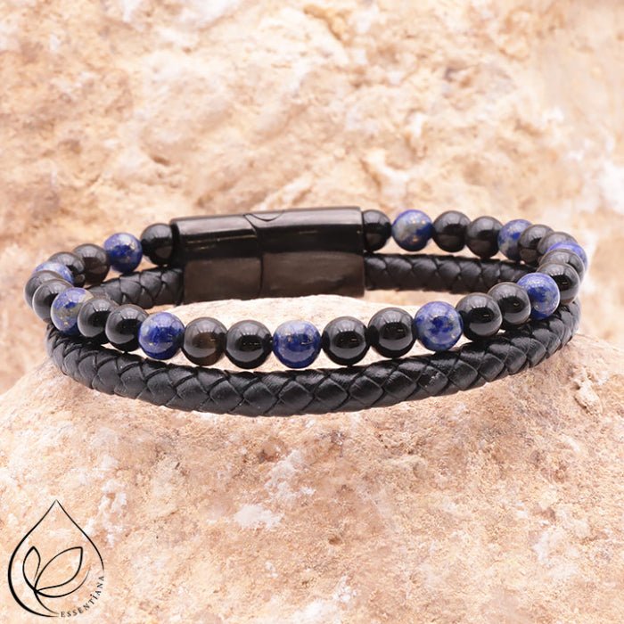 Bracelet ASKA cuir noir, Lapis Lazuli et Onyx - Nature Minérale