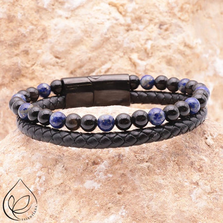 Bracelet ASKA cuir noir, Lapis Lazuli et Onyx - Nature Minérale