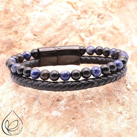 Bracelet ASKA cuir noir, Lapis Lazuli et Onyx - Nature Minérale