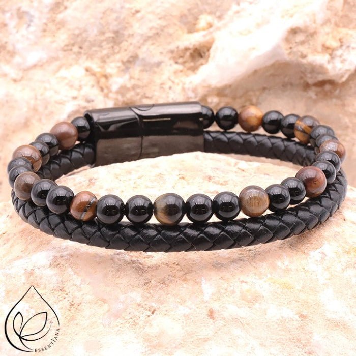 Bracelet ASKA cuir noir, Œil de tigre et onyx A - Nature Minérale
