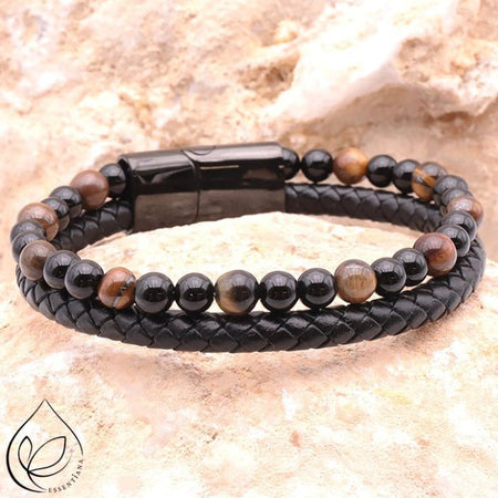 Bracelet ASKA cuir noir, Œil de tigre et onyx A - Nature Minérale