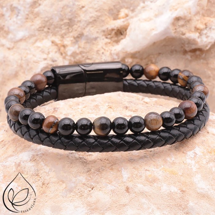 Bracelet ASKA cuir noir, Œil de tigre et onyx A - Nature Minérale
