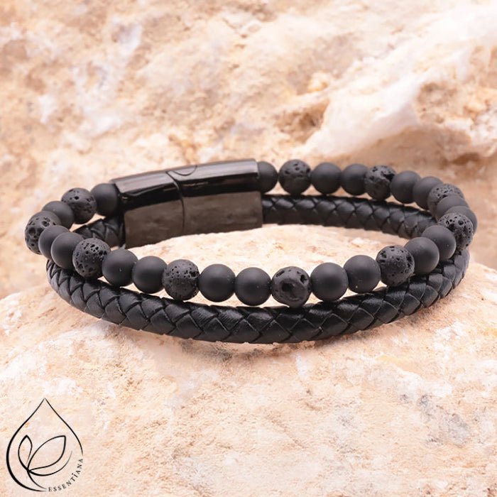 Bracelet ASKA cuir noir, Pierre de Lave et Shungite A - Nature Minérale