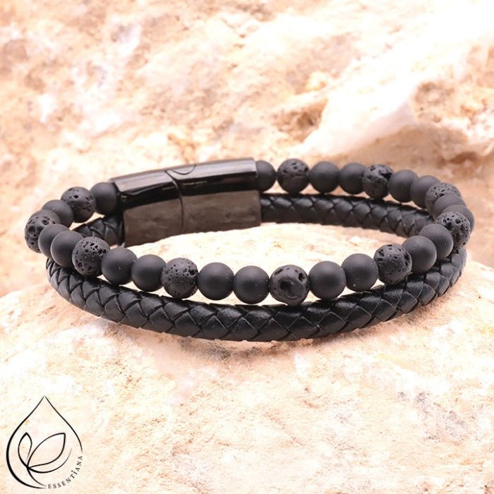 Bracelet ASKA cuir noir, Pierre de Lave et Shungite A - Nature Minérale