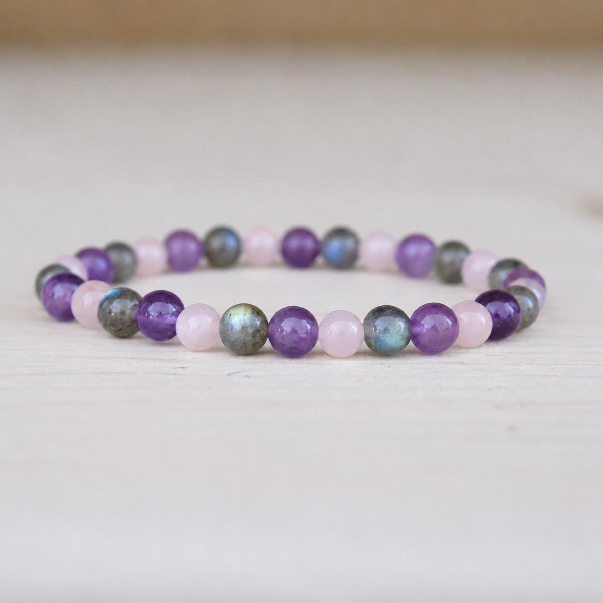 Bracelet boules 6 mm : Labradorite, Améthyste et Quartz rose - Nature Minérale