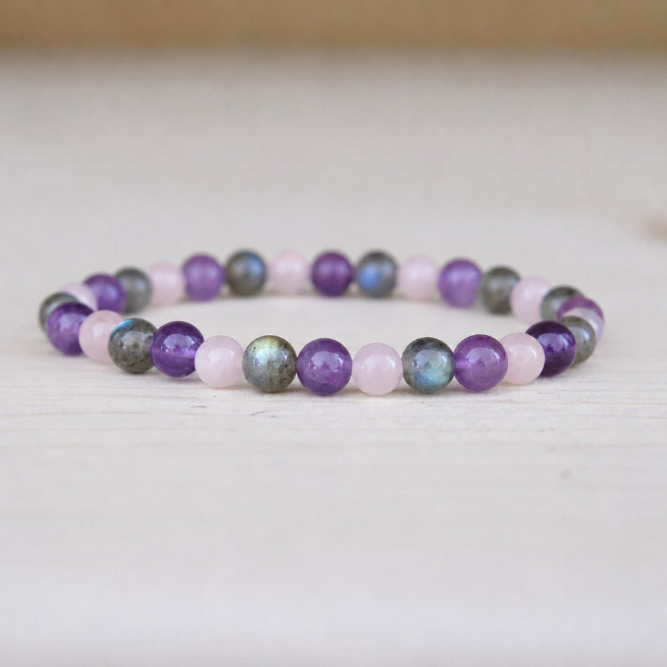 Bracelet boules 6 mm : Labradorite, Améthyste et Quartz rose - Nature Minérale