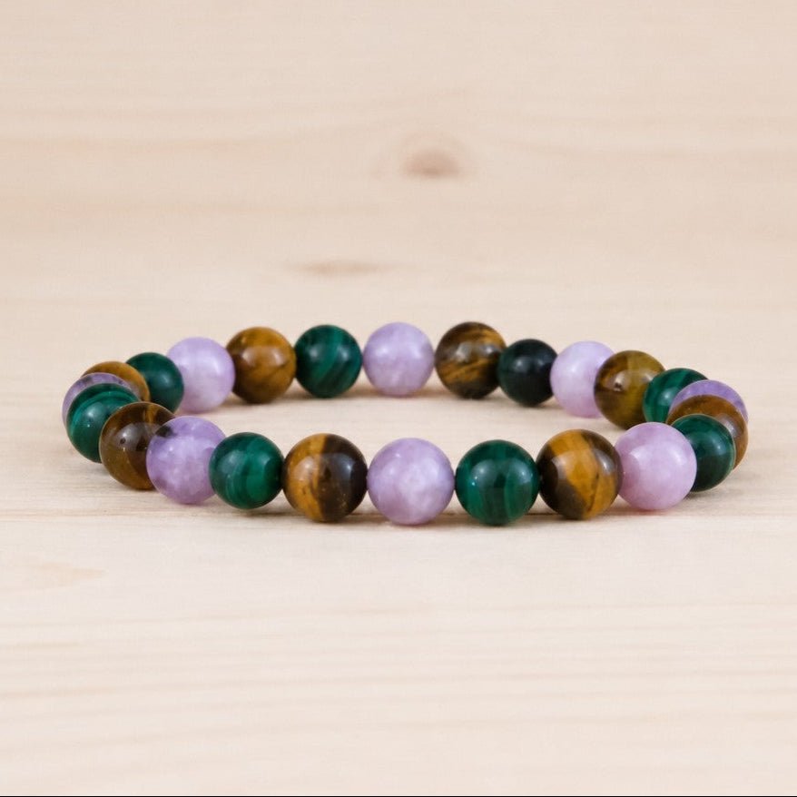 Bracelet boules 8 mm : Malachite-Lépidolite-Œil de Tigre - Nature Minérale