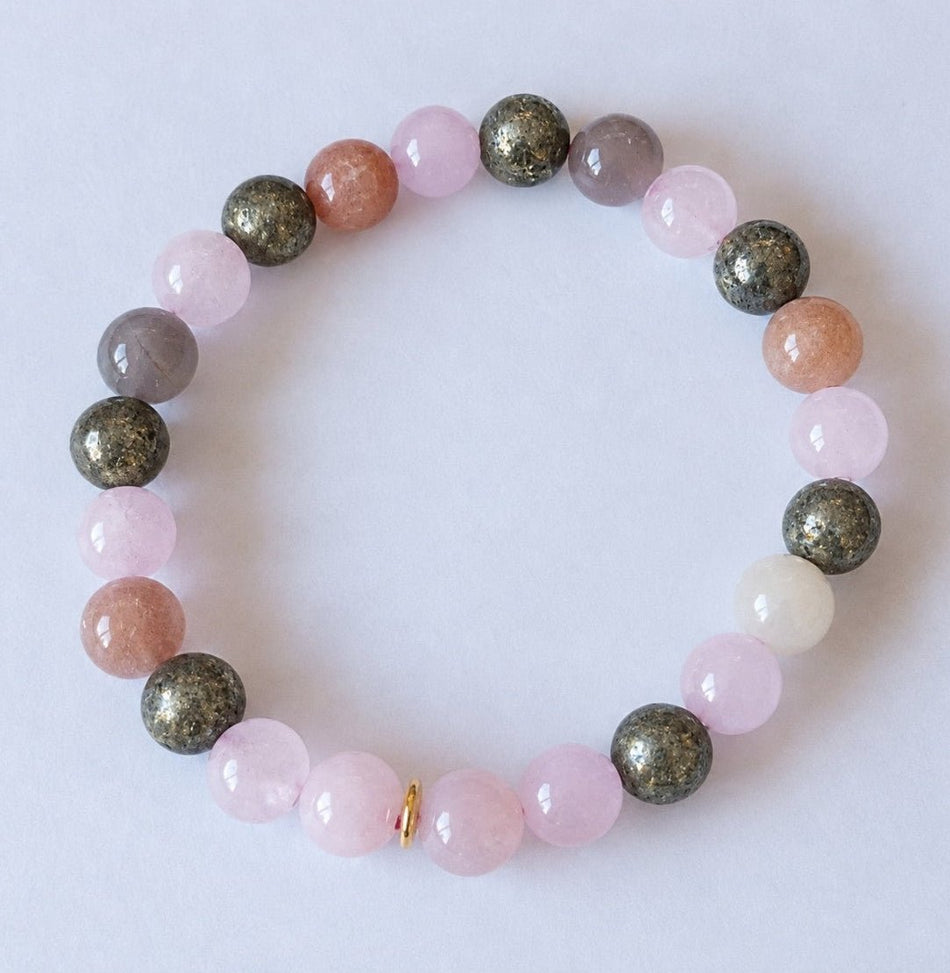 Bracelet boules 8 mm : Quartz rose, Pierre de lune multicolore et Pyrite - Nature Minérale