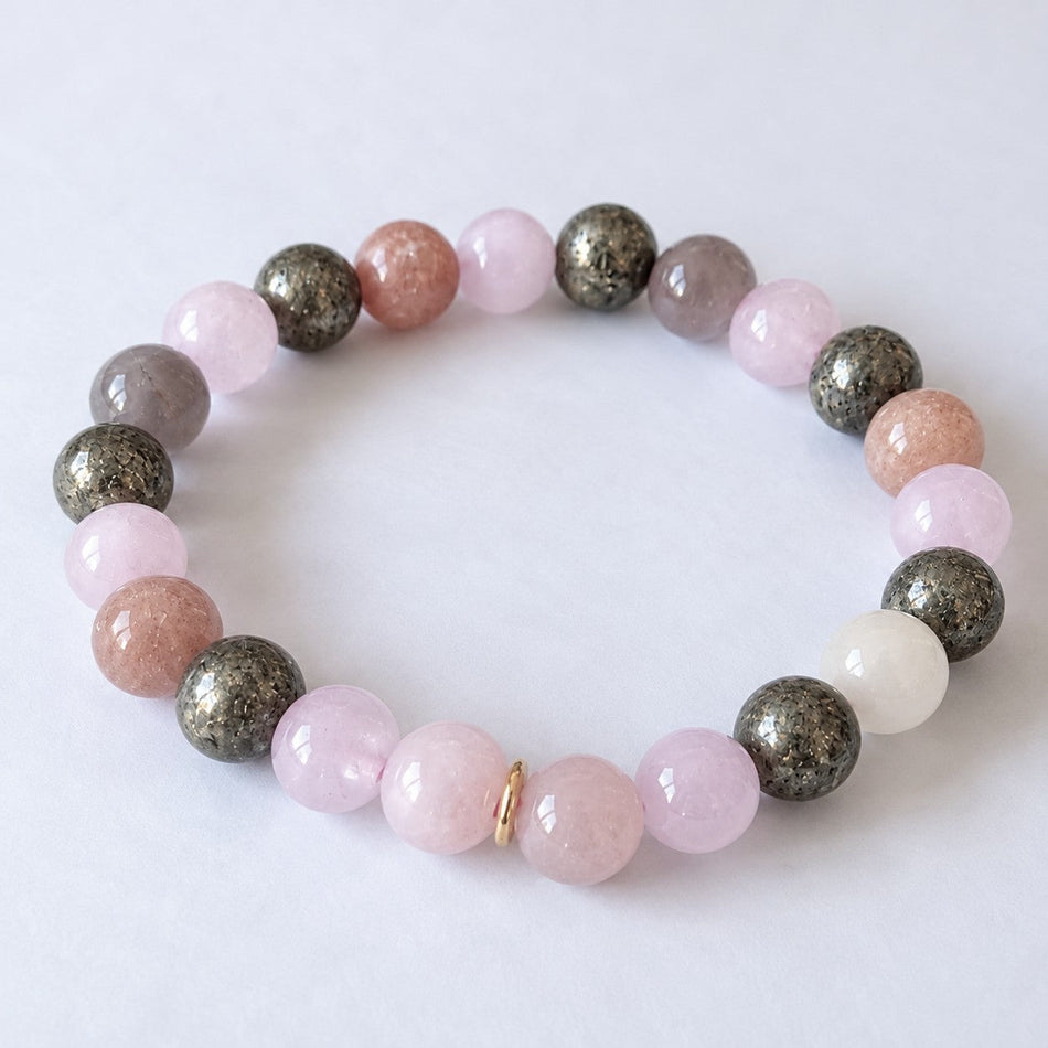 Bracelet boules 8 mm : Quartz rose, Pierre de lune multicolore et Pyrite - Nature Minérale