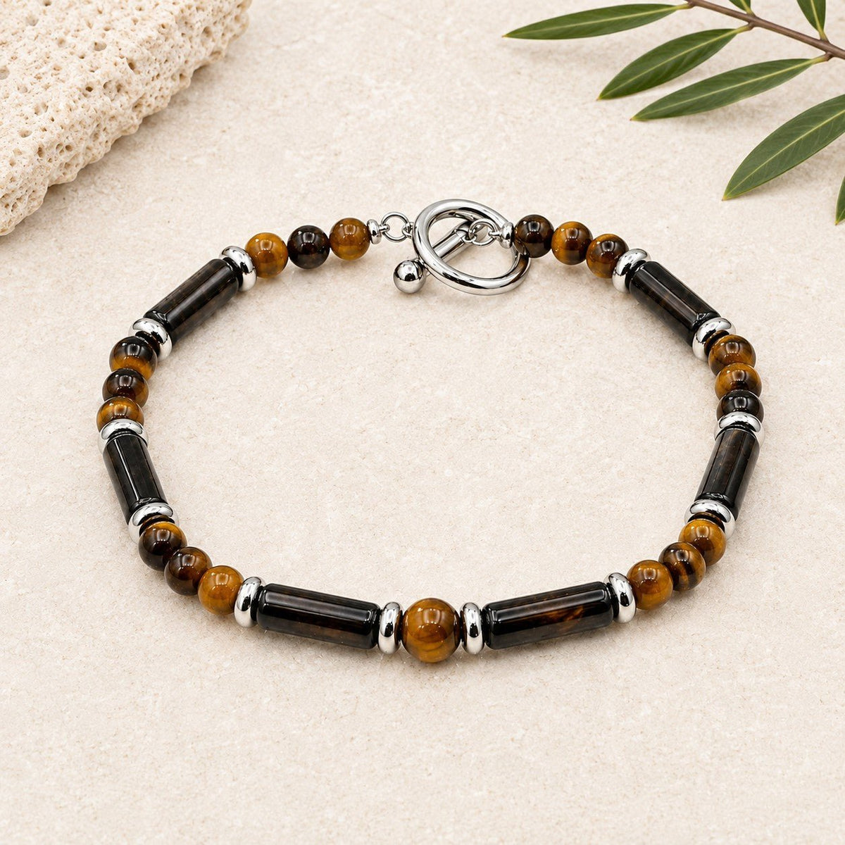 Bracelet Homme "LEGENDE" argenté Onyx A, Œil de Tigre A - Nature Minérale