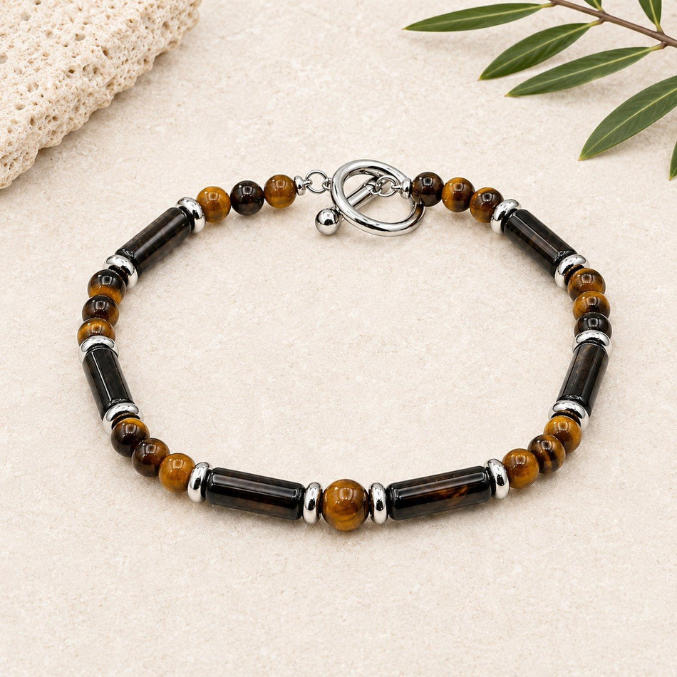 Bracelet Homme "LEGENDE" argenté Onyx A, Œil de Tigre A - Nature Minérale